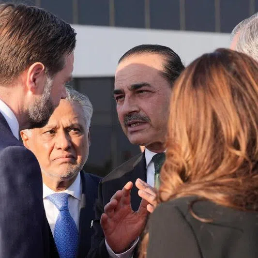 Pakistan's Chief of Army Staff Asim Munir (right) talking to US Vice-President J.D. Vance and Pakistan's Foreign Minister Mohammad Ishaq Dar (centre) after the talks in Islamabad, Pakistan, on April 12, 2026.