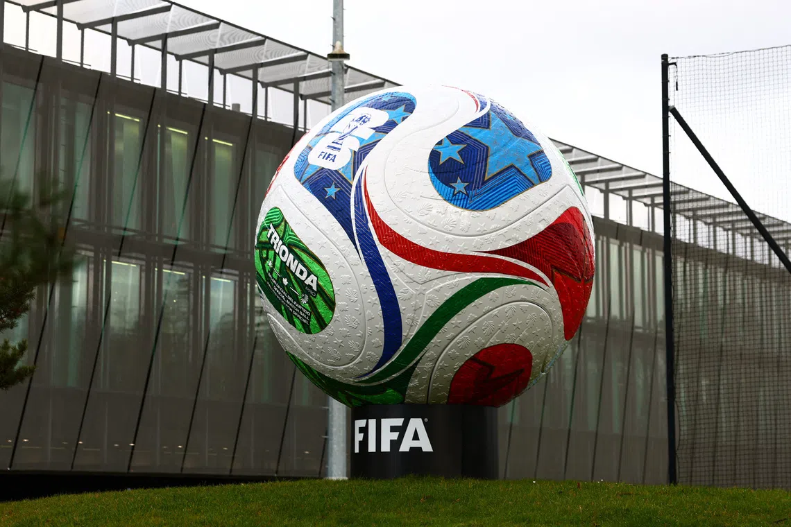 Soccer Football - World Cup Playoff Tournament and European Playoff draws - FIFA Headquarters, Zurich, Switzerland- November 20, 2025 General view of a built replica of Trionda, the official match ball for FIFA World Cup 2026 REUTERS/Denis Balibouse