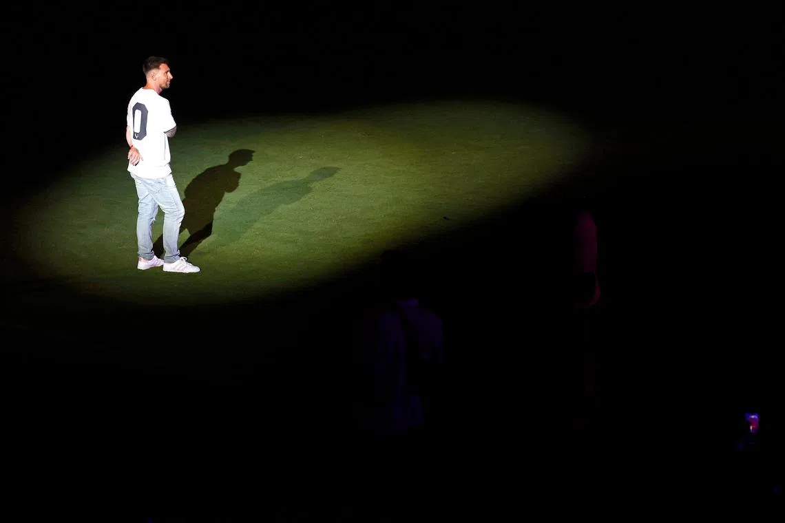 Lionel Messi looking on during Inter Miami CF Hosts "The Unveil" at DRV PNK Stadium on July 16, 2023 in Fort Lauderdale, Florida.   