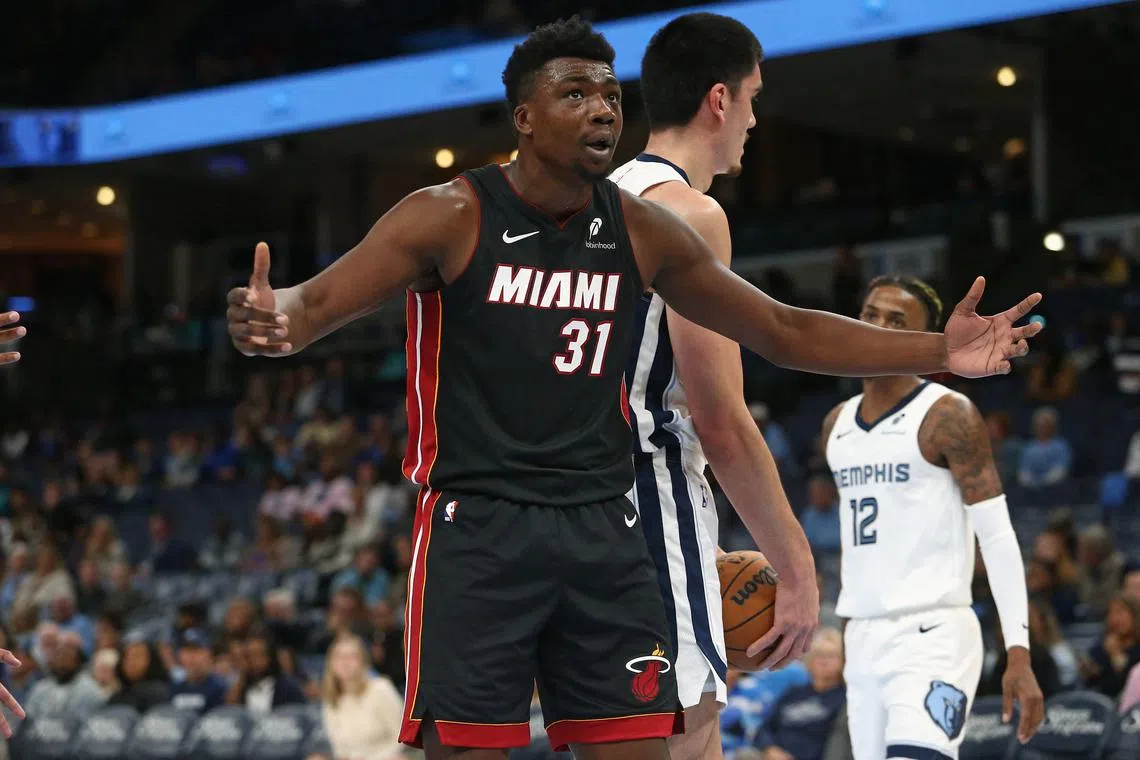 FILE PHOTO: Oct 18, 2024; Memphis, Tennessee, USA; Miami Heat center Thomas Bryant (31) reacts during the first half against the Memphis Grizzlies at FedExForum. Mandatory Credit: Petre Thomas-Imagn Images/File Photo