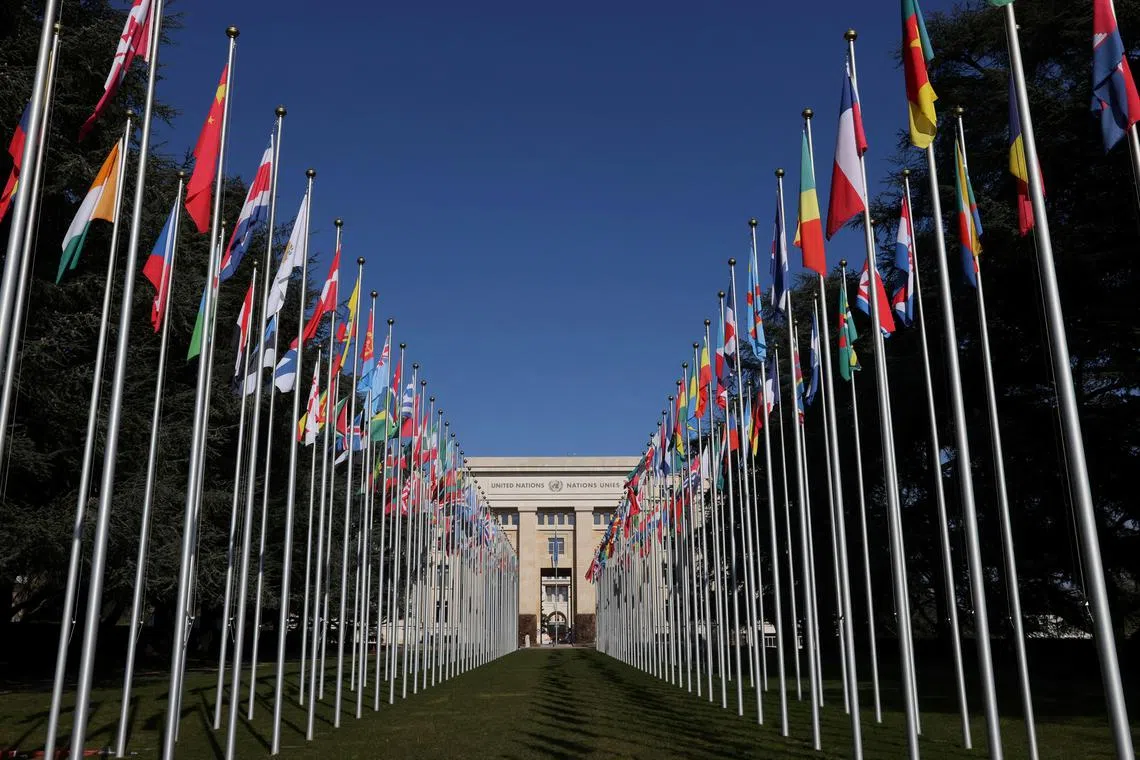 The flags alley is seen outside the United Nations building during the Human Rights Council in Geneva, Switzerland, February 27, 2023. REUTERS/Denis Balibouse/ File Photo