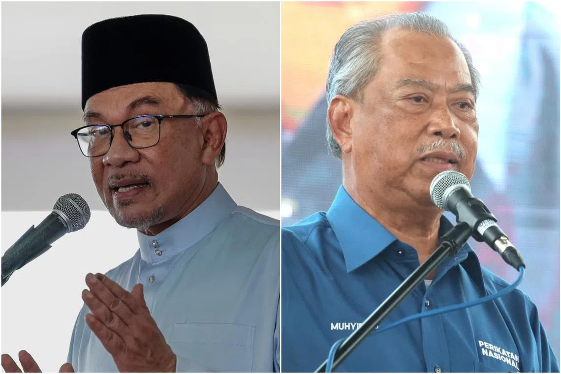 PN head Muhyiddin Yassin (left) said that Malaysia PM Anwar Ibrahim had compromised on principles of integrity, transparency and accountability.