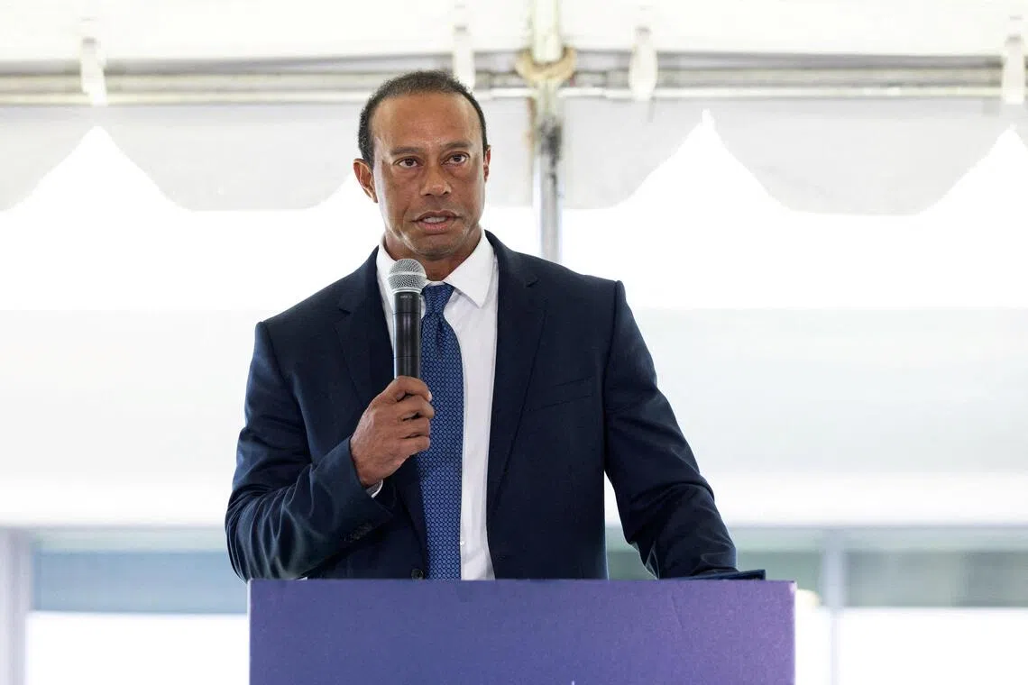 Golfer Tiger Woods speaking at a ribbon-cutting at the TGR Learning Lab Philadelphia in Philadelphia on Sept 8, 2025. 