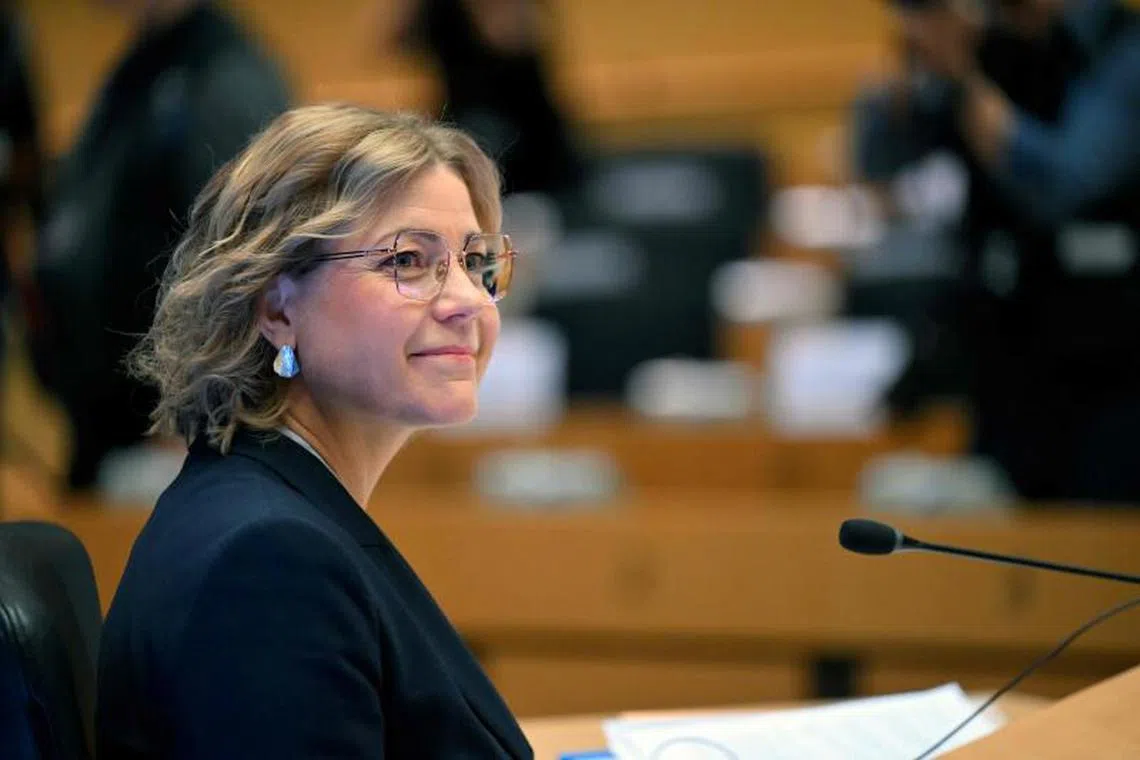 Finland's EU commissioner-designate as executive vice-president for tech sovereignty, security, and democracy Henna Virkkunen attends her confirmation hearing at the European Parliament in Brussels, on November 12, 2024. (Photo by Nicolas TUCAT / AFP)