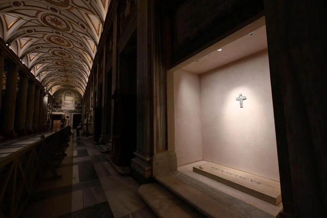 The tomb of Pope Francis at Santa Maria Maggiore basilica in Rome. In his last will and testament, Pope Francis asked to be buried in this fifth-century church dedicated to the Virgin Mary, where he went to pray before and after his foreign travels as pontiff.