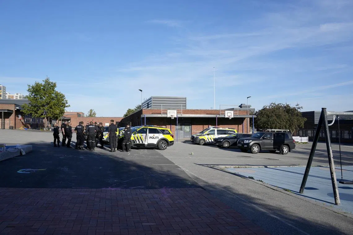 The police are on the scene after a shooting incident at Linderud school in Oslo, Norway, September 18, 2024. NTB/Heiko Junge/ via REUTERS