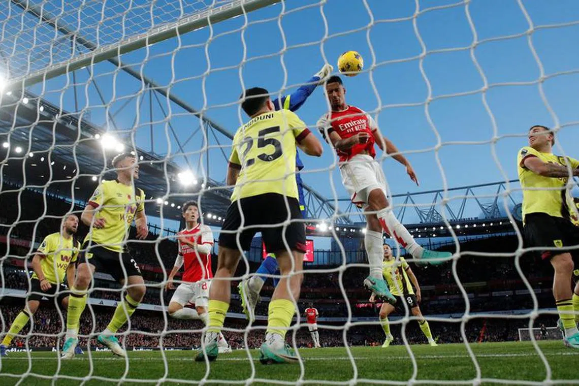 Soccer Football - Premier League - Arsenal v Burnley - Emirates Stadium, London, Britain - November 11, 2023 Arsenal's William Saliba scores their second goal Action Images via Reuters/Andrew Couldridge