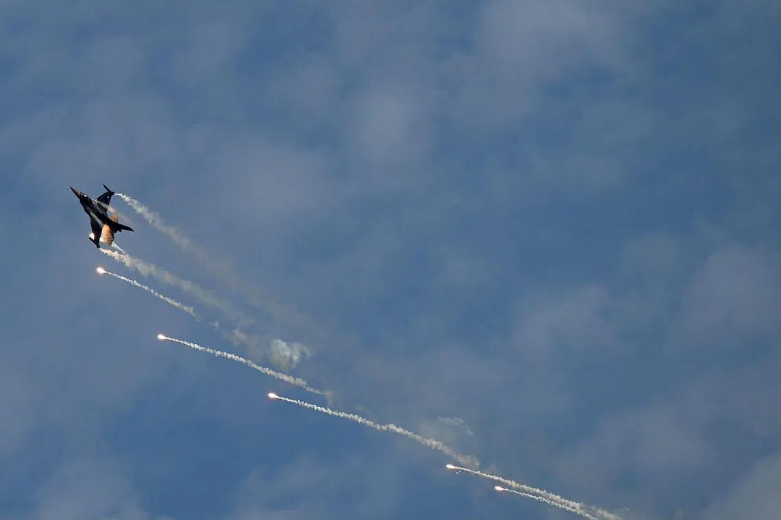 A Turkish AirForce F-16 Fighting Falcon performs, to mark the 100th anniversary of Turkish Republic in Istanbul on Oct 29, 2023.