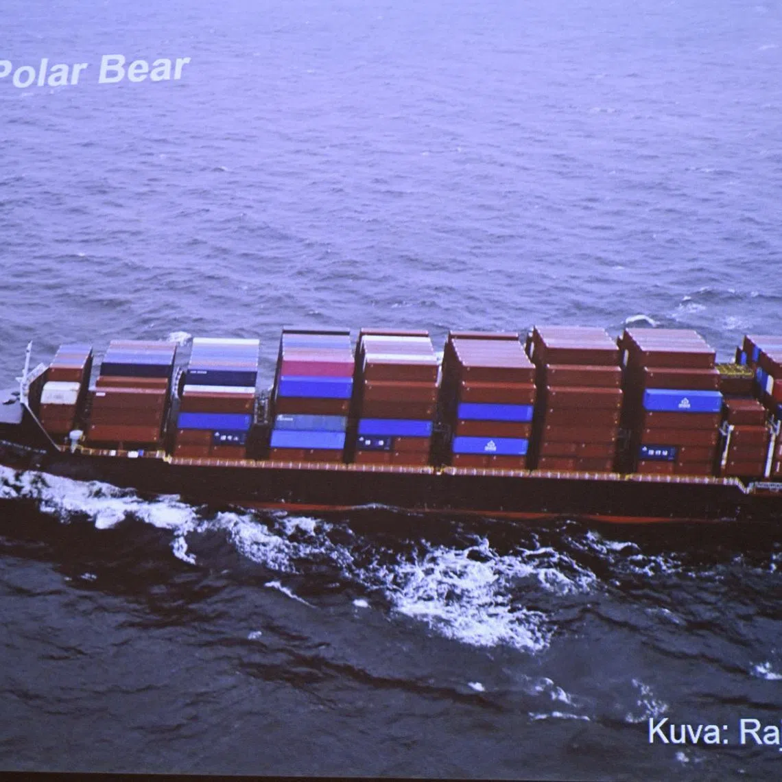 Finnish Border Guard's photo of a Hong Kong registered cargo ship 'Newnew Polar Bear', which was spotted moving close to the Balticconnector gas line, during the joint press conference of the investigation of the possible attack on the Balticconnector gas line on 8th Oct., 2023 between Finland and Estonia at the headquarters of the National Bureau of Investigation in Vantaa, Finland, 24 October 2023.  Lehtikuva/HEIKKI SAUKKOMAA via REUTERS