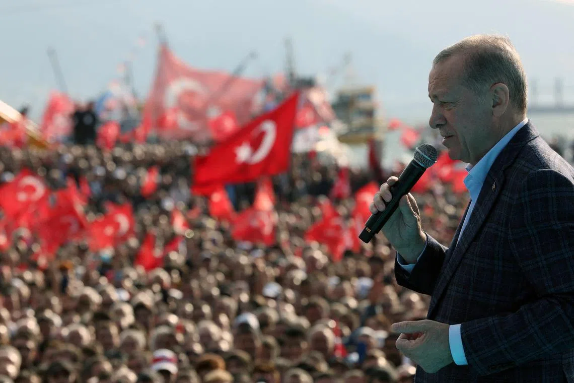 Turkish President Tayyip Erdogan addresses his supporters during a rally ahead of the May 14 presidential and parliamentary elections, in Izmir, Turkey April 29, 2023. Presidential Press Office/Handout via REUTERS ATTENTION EDITORS - THIS PICTURE WAS PROVIDED BY A THIRD PARTY. NO RESALES. NO ARCHIVES.