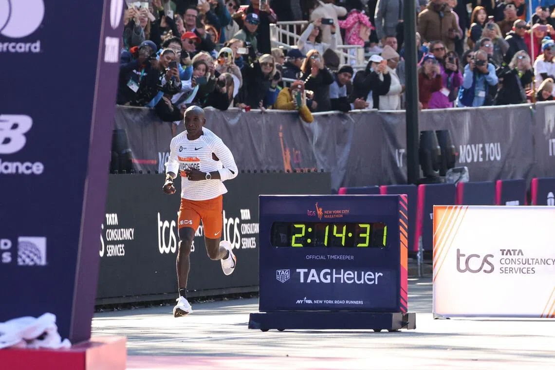 Kenya's Eliud Kipchoge crossing the line of the New York marathon in 17th on Nov 2.