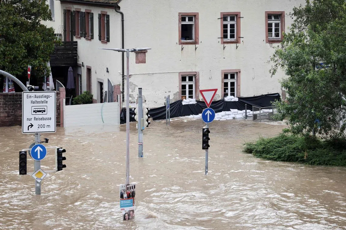 The historic part of Heidelberg is flooded during high water of the Neckar river in Heidelberg, south-western Germany on June 3.
