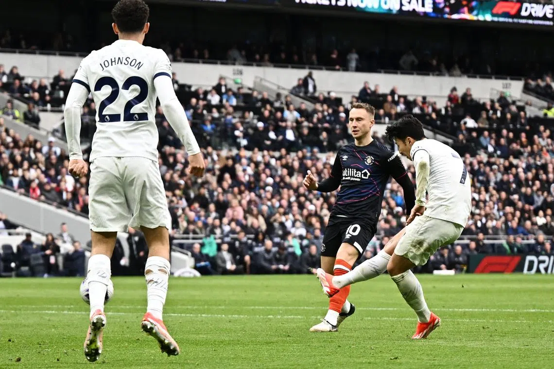 Soccer Football - Premier League - Tottenham Hotspur v Luton Town - Tottenham Hotspur Stadium, London, Britain - March 30, 2024 Tottenham Hotspur's Son Heung-min scores their second goal REUTERS/Dylan Martinez