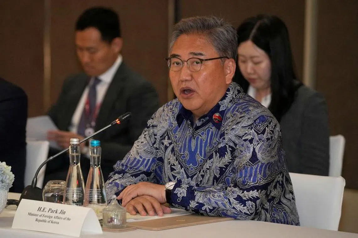 FILE PHOTO: South Korean Foreign Minister Park Jin speaks during his meeting with Japan's Foreign Minister Yoshimasa Hayashi and U.S. Secretary of State Antony Blinken in Jakarta, Indonesia, Friday, July 14, 2023.     Dita Alangkara/Pool via REUTERS/file photo