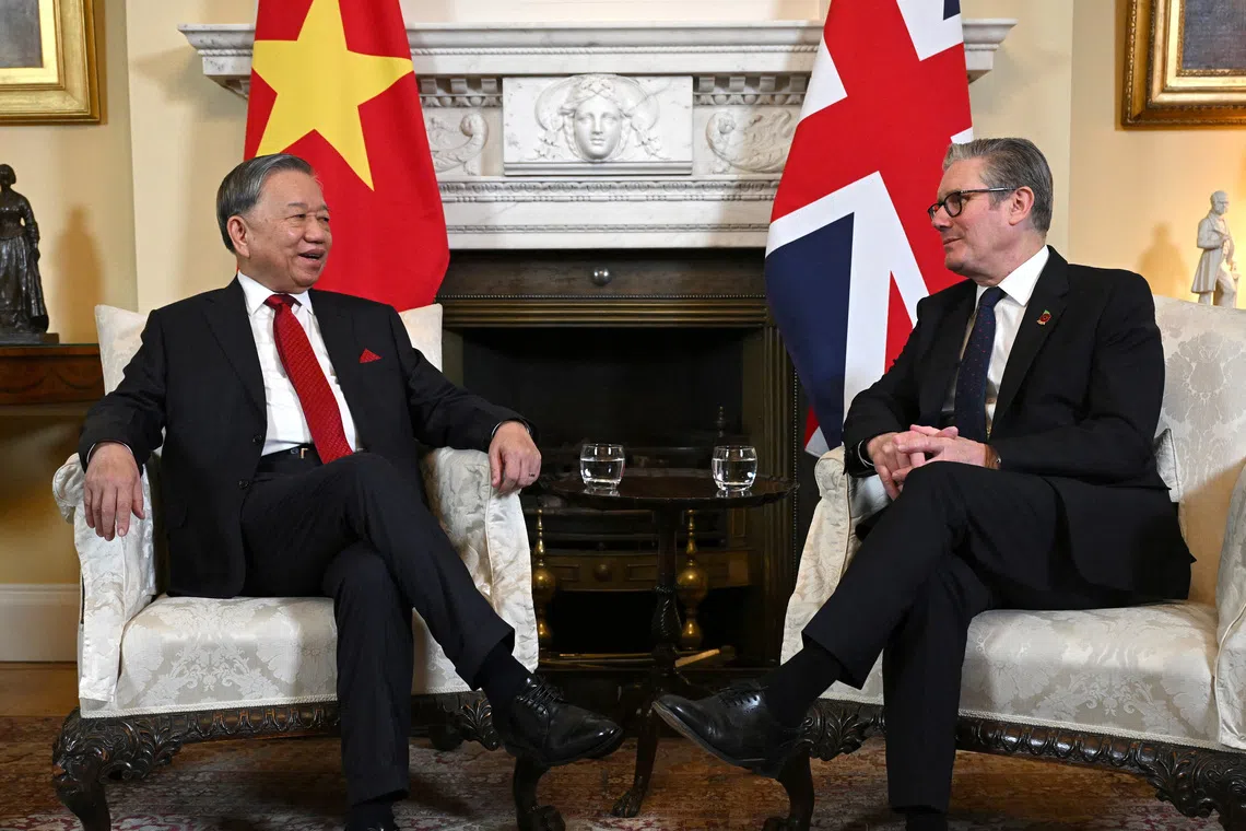 General Secretary of the Communist Party of Vietnam , To Lam (left) meets Britain's Prime Minister Keir Starmer.
