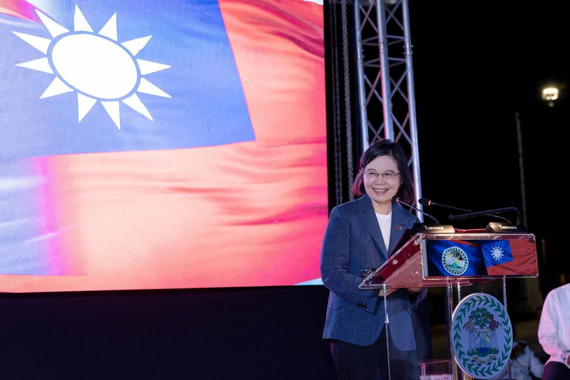 Taiwanese President Tsai Ing-wen delivers a speech as she attends a banquet hosted by Belizean Prime Minister John Briceno, in Belize, in this handout picture released on April 4, 2023. Taiwan Presidential Office/Handout via REUTERS ATTENTION EDITORS - THIS IMAGE WAS PROVIDED BY A THIRD PARTY. NO RESALES. NO ARCHIVES.
