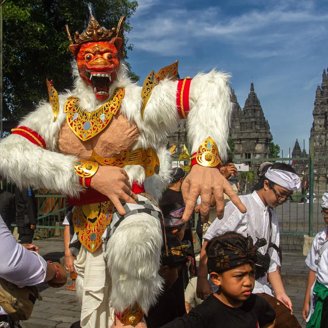 Devotees display an effigy known as Ogoh-Ogoh during a ceremony at the Prambanan temple in Sleman, Bali, on March 21, 2023, a day before the 'Day of Silence' - locally known as Nyepi - when Hindus do not work, travel or take part in any indulgence. 