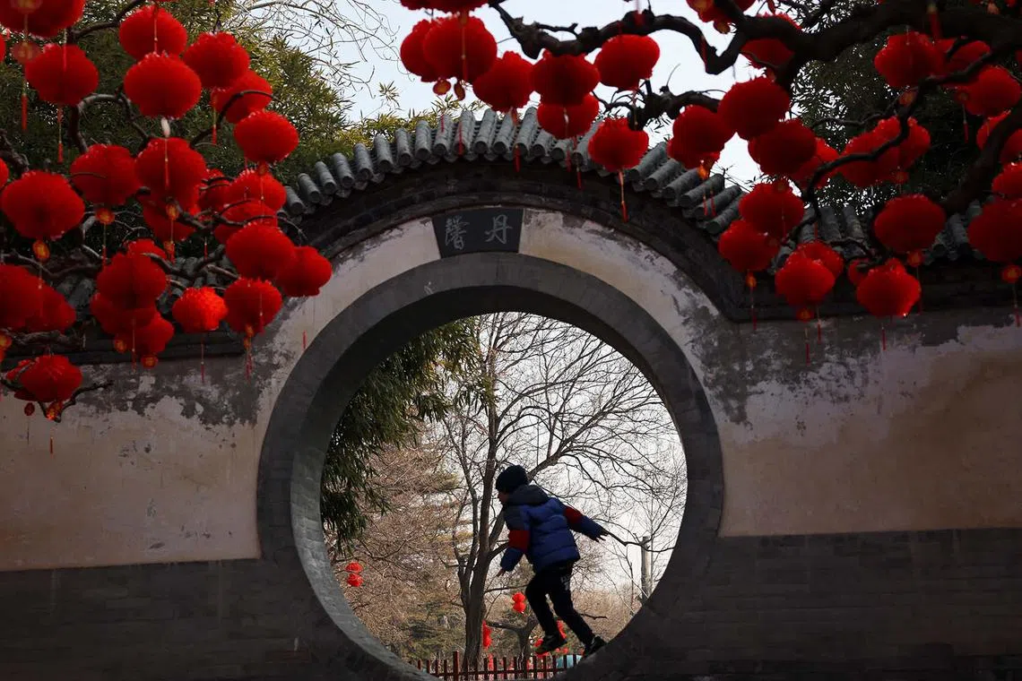 A boy runs as he poses for pictures near trees decorated with red lanterns at a park, before the Lunar New Year celebrations, in Beijing, China January 24, 2025. REUTERS/Florence Lo