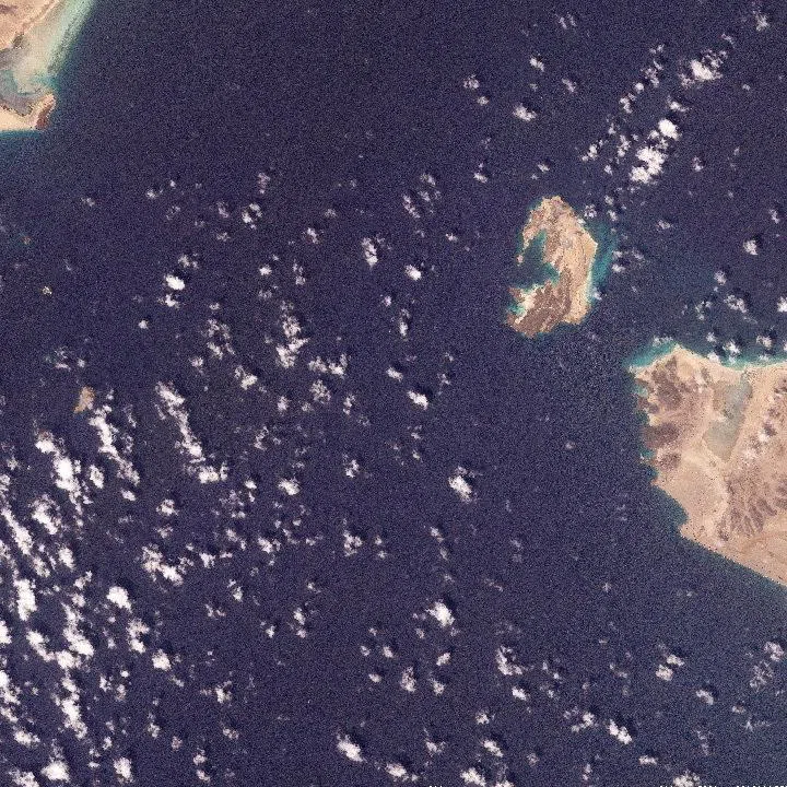 A satellite image shows the Bab al-Mandab strait off the coast of Yemen.