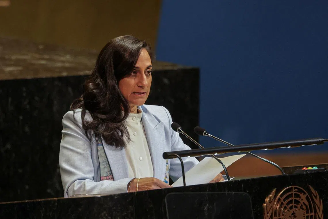 Canadian Foreign Minister Anita Anand speaks during a High-level International Conference for the Peaceful Settlement of the Question of Palestine and the Implementation of the Two-State Solution at U.N. headquarters in New York City, U.S., July 28, 2025. REUTERS/Jeenah Moon/File Photo