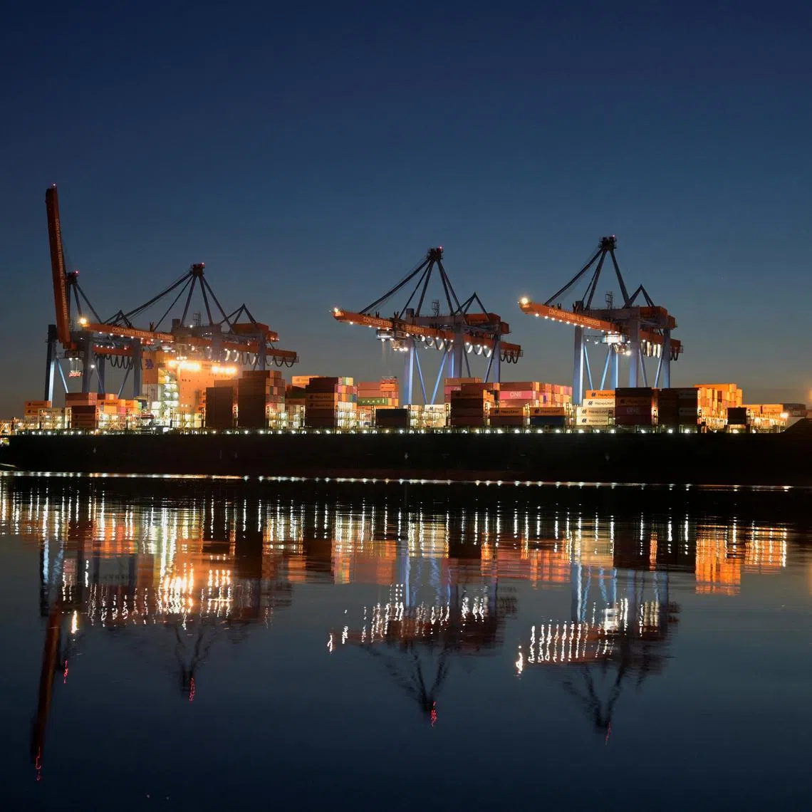A container ship is seen at the loading terminal \"Altenwerder\" in the port of Hamburg, Germany, February 17, 2025. REUTERS/Fabian Bimmer/File Photo