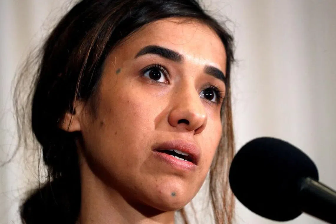 FILE PHOTO: Nobel Peace Prize co-recipient Nadia Murad speaks at the National Press Club in Washington, U.S., October 8, 2018.  REUTERS/Kevin Lamarque/File Photo