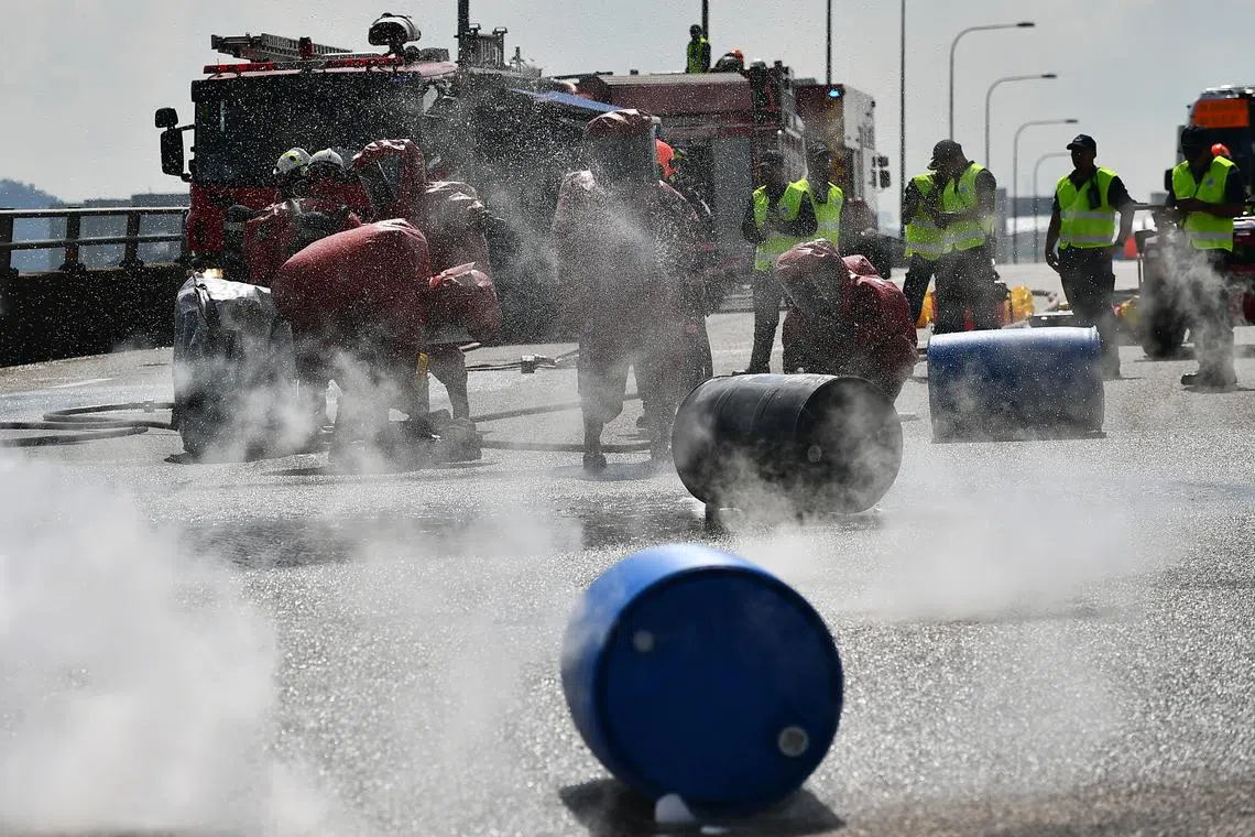 An emergency response exercise at the Tuas Second Link in 2017. The drill will simulate a chemical spill and last from 6am to 2pm.