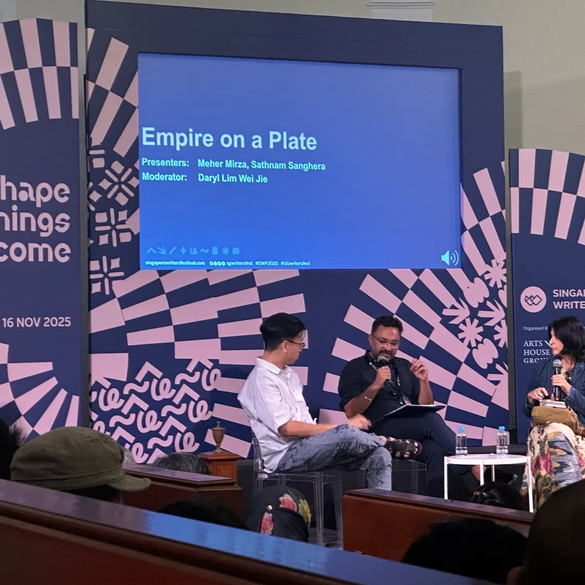 (From left) Singaporean poet Daryl Lim Wei Jie moderated the Empire On A Plate panel with writers Sathnam Sanghera and Meher Mirza on Nov 15 at the Singapore Writers Festival (SWF).