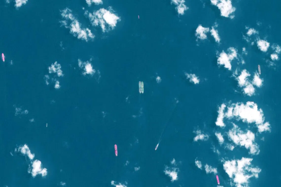 A satellite image released by the European Space Agency shows two vessels conducting what appears to be an offshore cargo transfer some 70km off the south-east coast of the Malay Peninsula, near Singapore, on April 3.