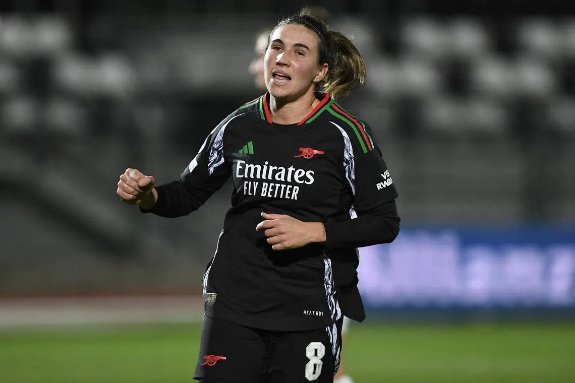 Soccer Football - Women's Champions League - Group C - Juventus v Arsenal - Stadio Comunale Vittorio Pozzo Lamarmora, Biella, Italy - November 12, 2024 Arsenal's Mariona Caldentey celebrates scoring their third goal REUTERS/Massimo Pinca/ File Photo