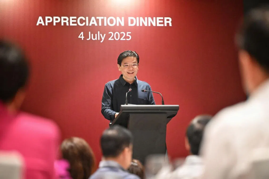 Prime Minister Lawrence Wong speaking at an appreciation dinner for former PAP MPs at Parliament House on July 4.
