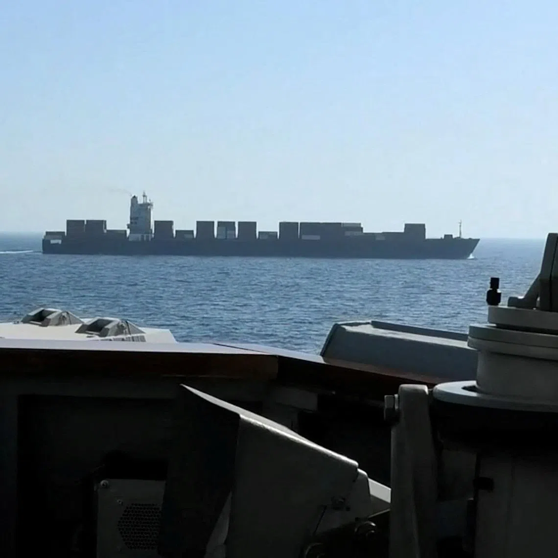 A view of Iranian-flagged cargo ship M/V Touska as the U.S. Navy Arleigh Burke-class Aegis guided missile destroyer USS Spruance conducts its interception in a location given as the north Arabian Sea, in this screen capture from a video released April 19, 2026. CENTCOM/Handout via REUTERS