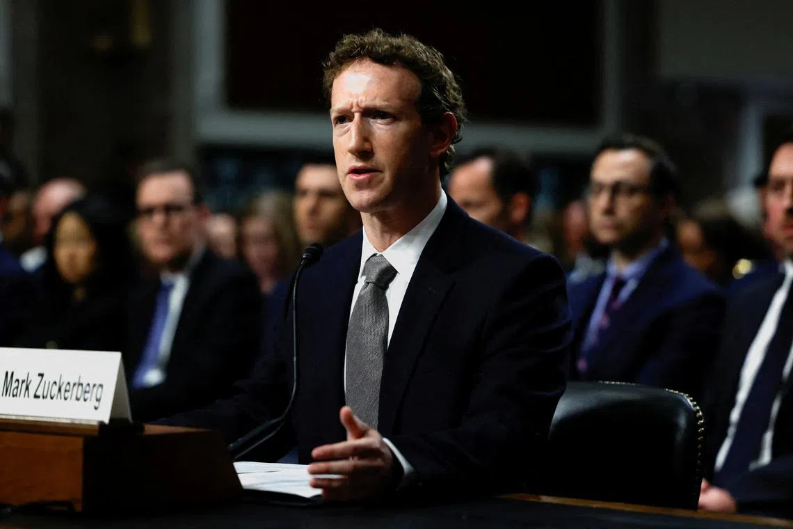 FILE PHOTO: Meta's CEO Mark Zuckerberg reacts as he testifies during the Senate Judiciary Committee hearing on online child sexual exploitation at the U.S. Capitol in Washington, U.S., January 31, 2024. REUTERS/Evelyn Hockstein/File Photo