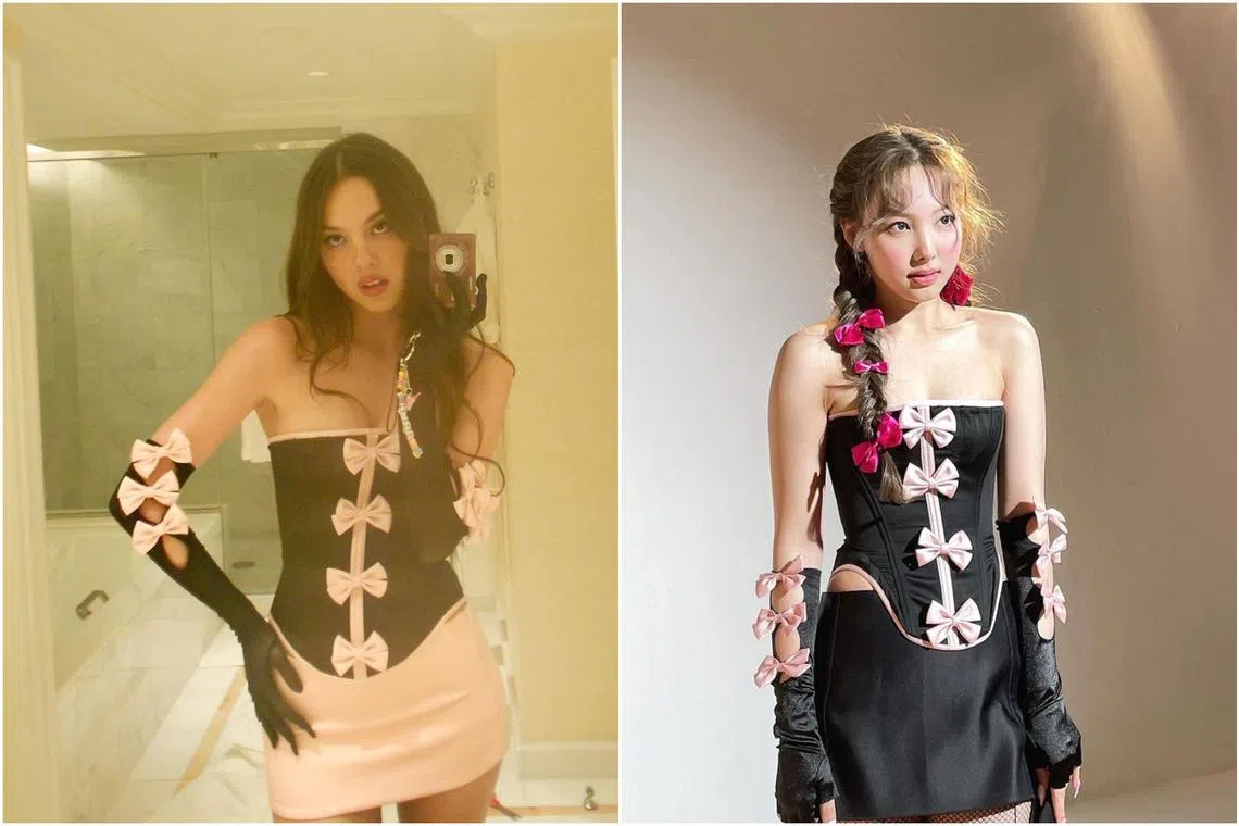 One of Duy Tran's outfits was worn by both American singer Rodrigo (left) and K-pop girl group Twice’s Nayeon. 