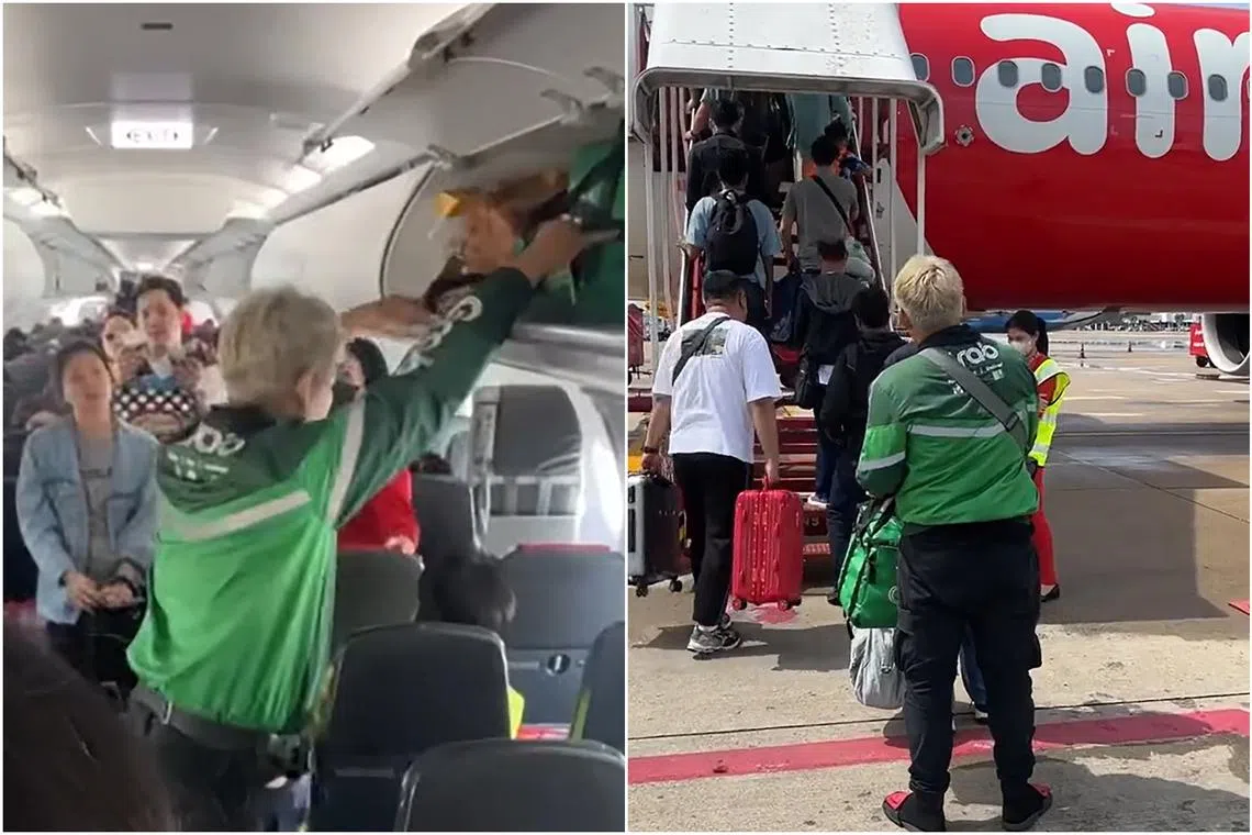A man dressed in Grab's green uniform was seen boarding a plane from Bangkok to Singapore, in a video that the ride-hailing company has claimed is fictional.