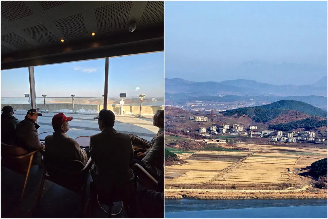 The Starbucks cafe’s location allows visitors an unfettered view of a small village in North Korea’s Gaepung county just 1.4km away.