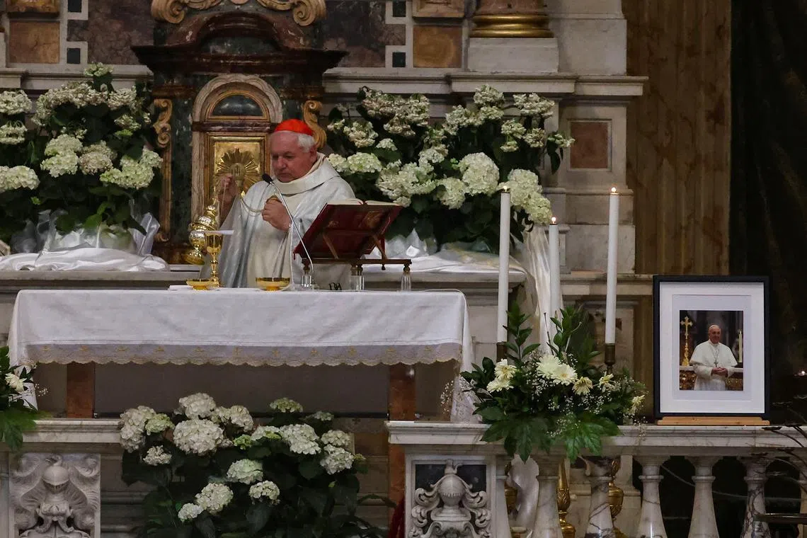 Cardinal Jean Marc Aveline presides over a Sunday Mass in Santa Maria ai Monti church, ahead of the Conclave and the election of the new pope, which will start on May 7, in Rome, Italy, May 4, 2025. REUTERS/Amanda Perobelli