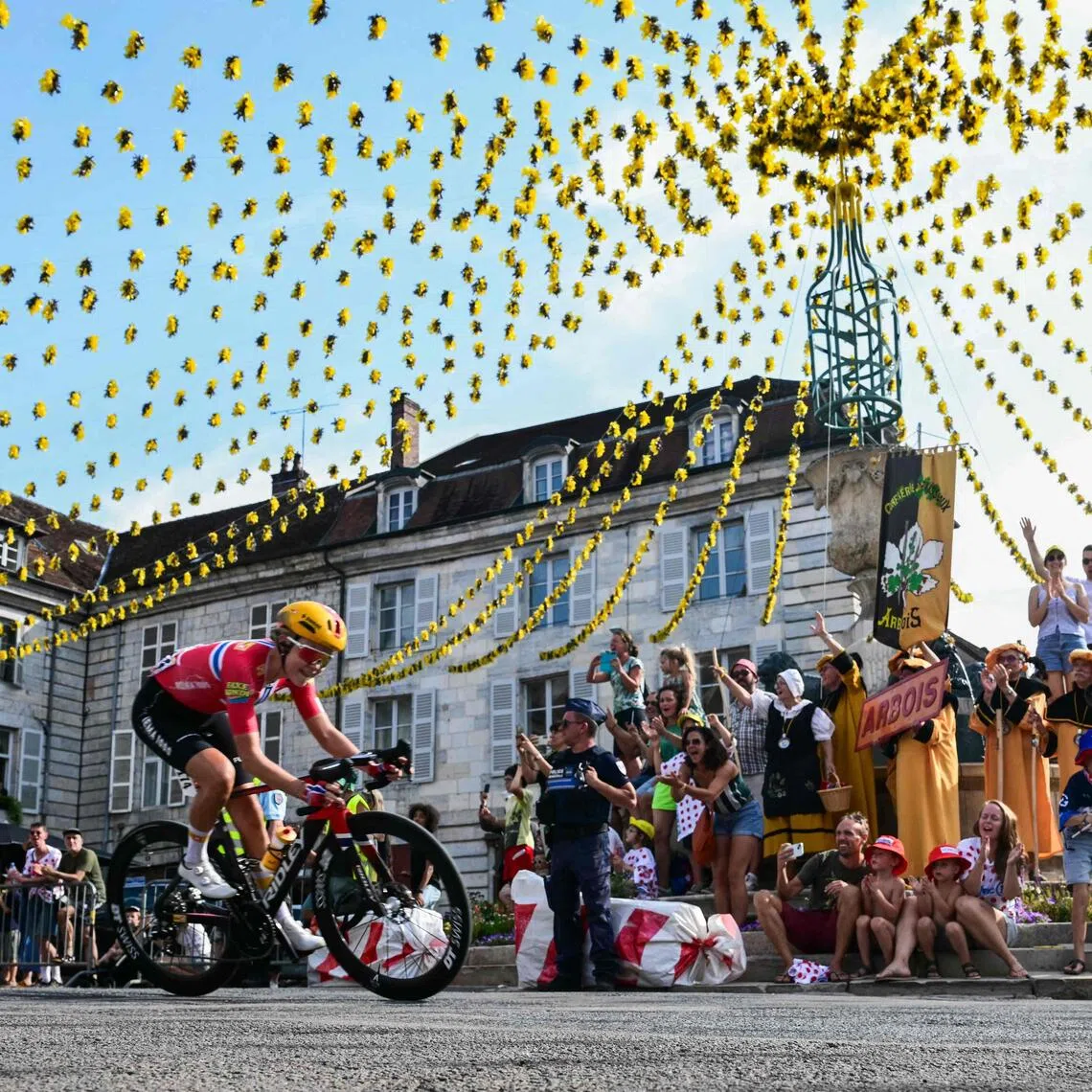 Uno-X Mobility’s Norwegian rider Sigrid Ytterhus Haugset leads in Arbois during the third stage of the fifth edition of the Women’s Tour de France.