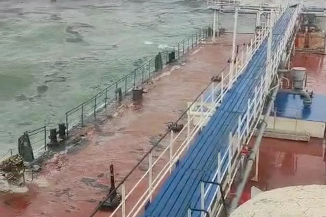 A view from the Volgoneft 239 oil tanker shows the sinking part of the vessel, whose damage caused an oil spill, in the Kerch Strait, Crimea, December 15, 2024, in this screen grab obtained from social media video. Social Media/via REUTERS