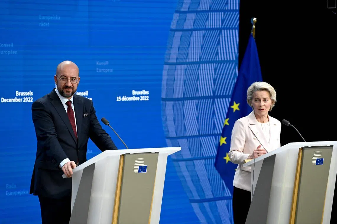 European Council and European Commission presidents Charles Michel (left) and Ursula von der Leyen will meet Ukraine's President on Feb 3, to discuss financial and military support for the country's fight against Russia’s invasion.