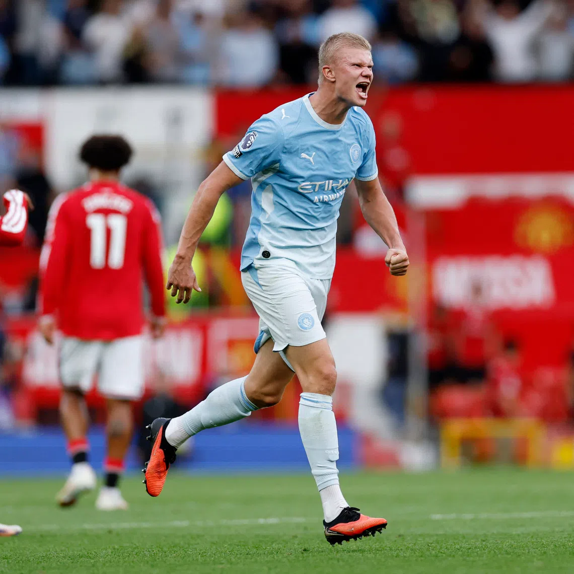 Manchester City’s Erling Haaland celebrates after their match against Manchester United at Old Trafford, Manchester, England, on Sept 13.