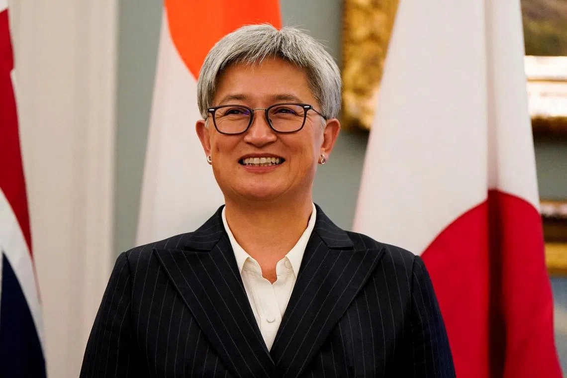FILE PHOTO: Australian Foreign Minister Penny Wong looks on as she meets with U.S. Secretary of State Marco Rubio, Indian External Affairs Minister Dr. Subrahmanyam Jaishankar and Japanese Foreign Minister Iwaya Takeshi at the State Department in Washington, U.S., January 21, 2025. REUTERS/Elizabeth Frantz/File Photo