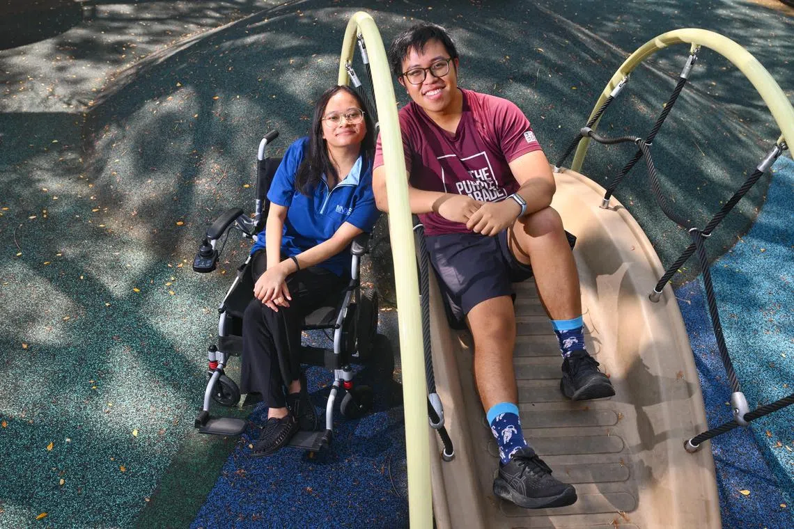 Ms Siti Nur Sabrina Anis (left) leans on her best friend Mr Luke Ligo, for both physical and emotional support.