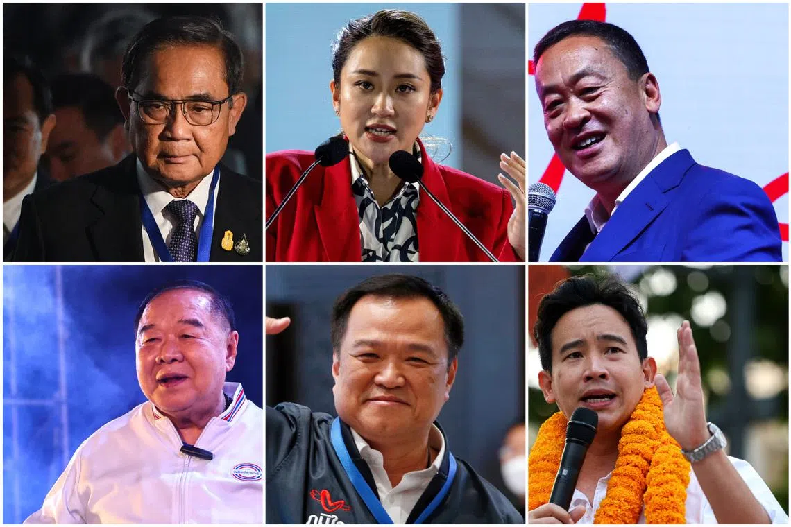 (Clockwise from left) Key candidates Prayuth Chan-Ocha, Paetongtarn Shinawatra, Srettha Thavisin, Pita Limjaroenrat, Anutin Charnvirakul and Prawit Wongsuwan/