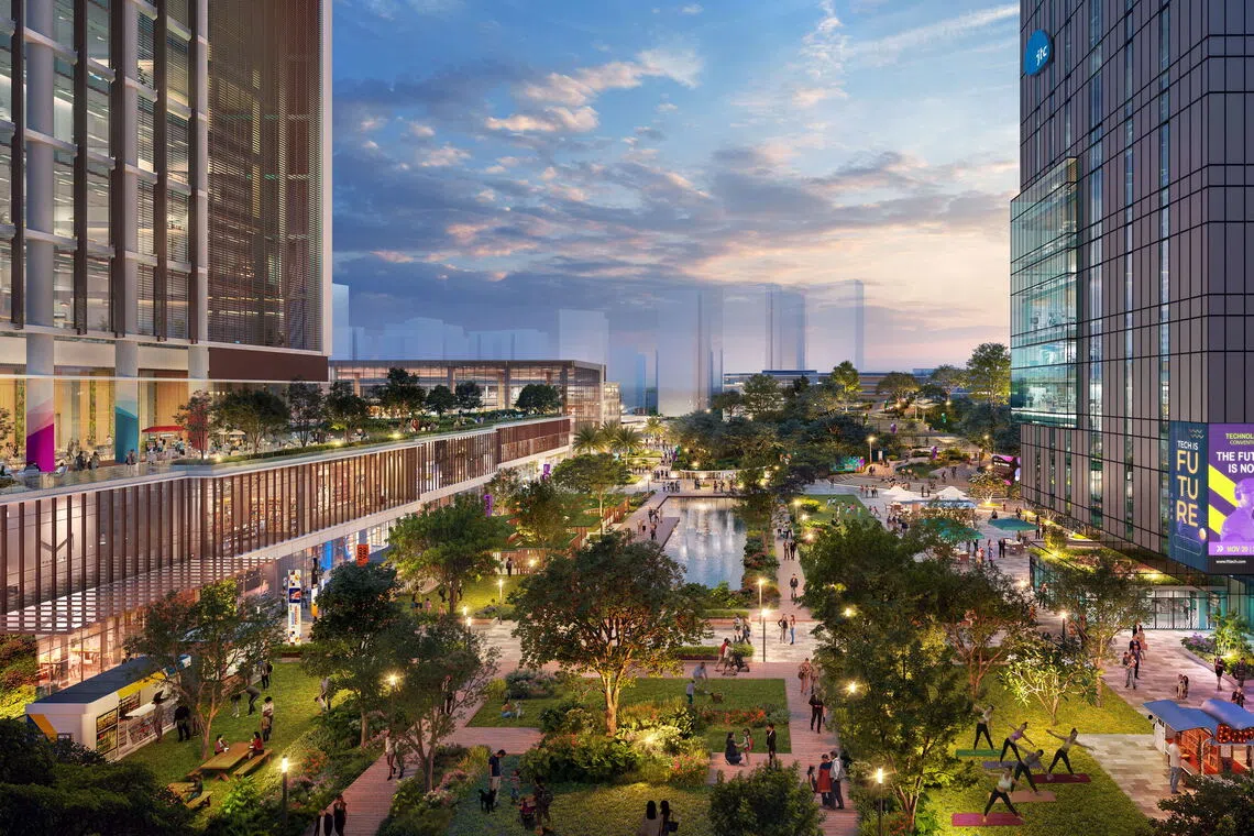 An artist's impression of how the hill will be incorporated in JTC's plans for industrial spaces in Woodlands Gateway.