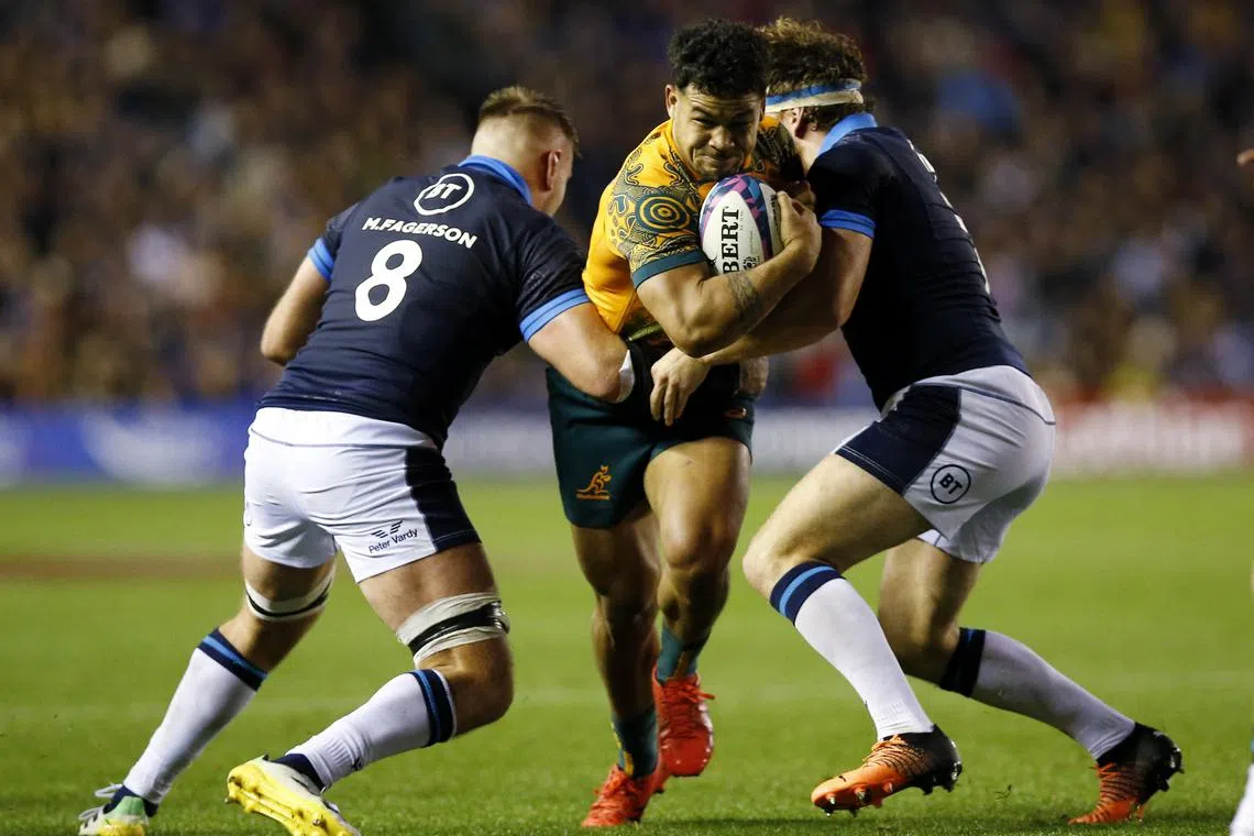 FILE PHOTO: Rugby Union - International - Scotland v Australia - Murrayfield Stadium, Edinburgh, Scotland, Britain - October 29, 2022 Australia's Hunter Paisami in action Action Images via Reuters/Craig Brough/File Photo