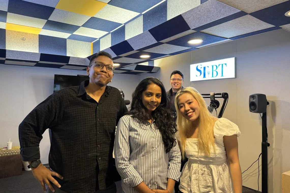 (Front left to right): Assistant ST Now editor Sazali Abdul Aziz, Professor Laavanya Kathiravelu and ST journalist Gabrielle Chan in ST's podcast studio, with producer Hadyu Rahim (back).