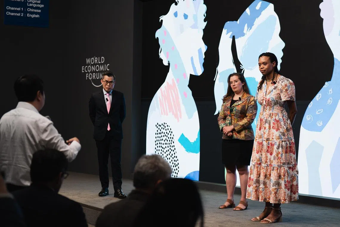 The Straits Times’ editor Jaime Ho (left) with Dr Emma Lawrance (centre) and Dr Pamela Collins at a session at the Annual Meeting of the New Champions 2024 in Dalian, China, on June 26.
