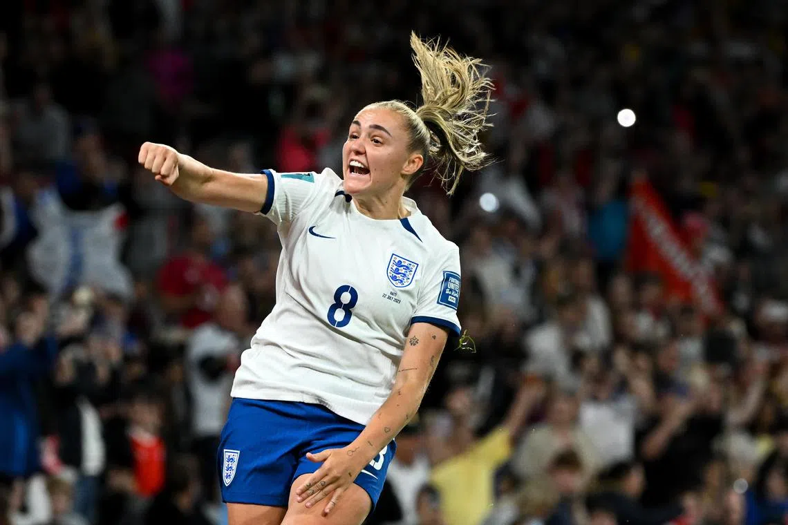 England's Georgia Stanway celebrates after scoring her penalty during their 1-0 win over Haiti at Brisbane Stadium in Australia on Saturday.