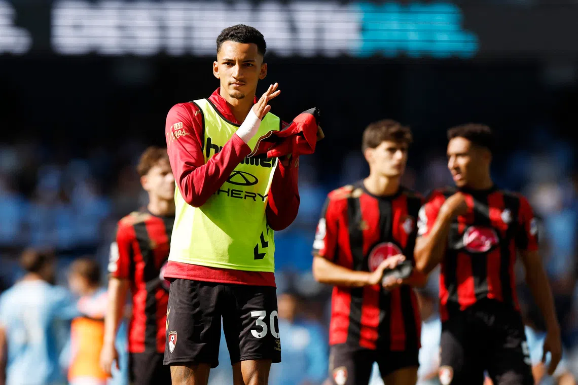 Bournemouth’s Alvaro Rodriguez applauds fans after the match against Manchester City on Aug 23.